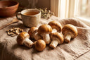 Champignons Agaricus blazei frais aux chapeaux bruns sur lin beige avec une tasse de boisson aux champignons Mushee