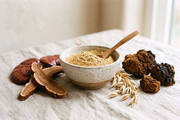 Bol de poudre d'extrait de champignons riche en bêta-glucanes entouré de reishi, de chaga et d'un épi d'avoine