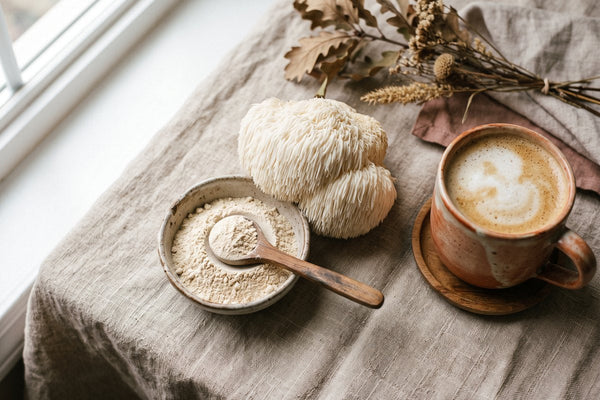 Champignon lion's mane frais, bol de poudre de lion's mane avec cuillère doseuse et tasse de café au lion's mane