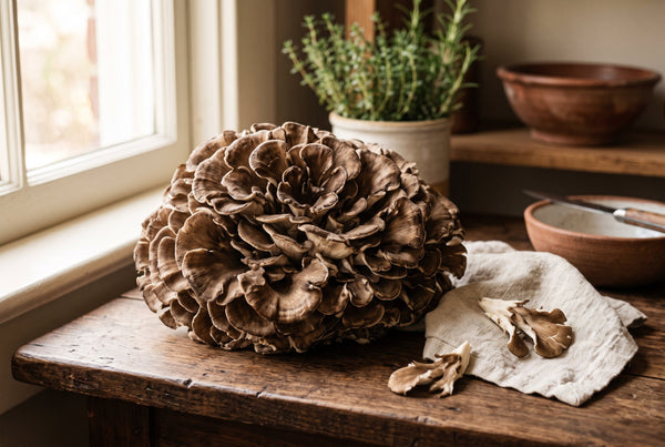 Cluster de maitake frais (poule des bois, Grifola frondosa) posé sur une table en bois près d'une fenêtre