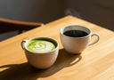 Matcha vert et café côte à côte sur table en bois, lumière matinale