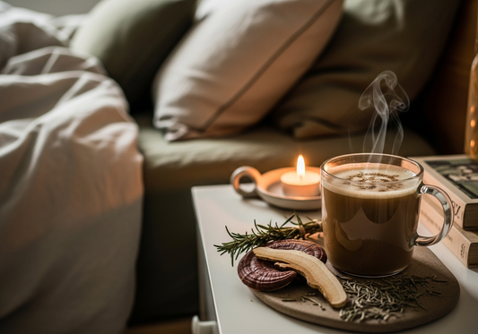 Adaptogènes et sommeil - boisson au reishi sur table de nuit